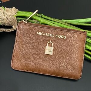 MICHAEL KORS Adele Brown Leather Zip Up Key Ring ID Wallet 5” X 3.5”